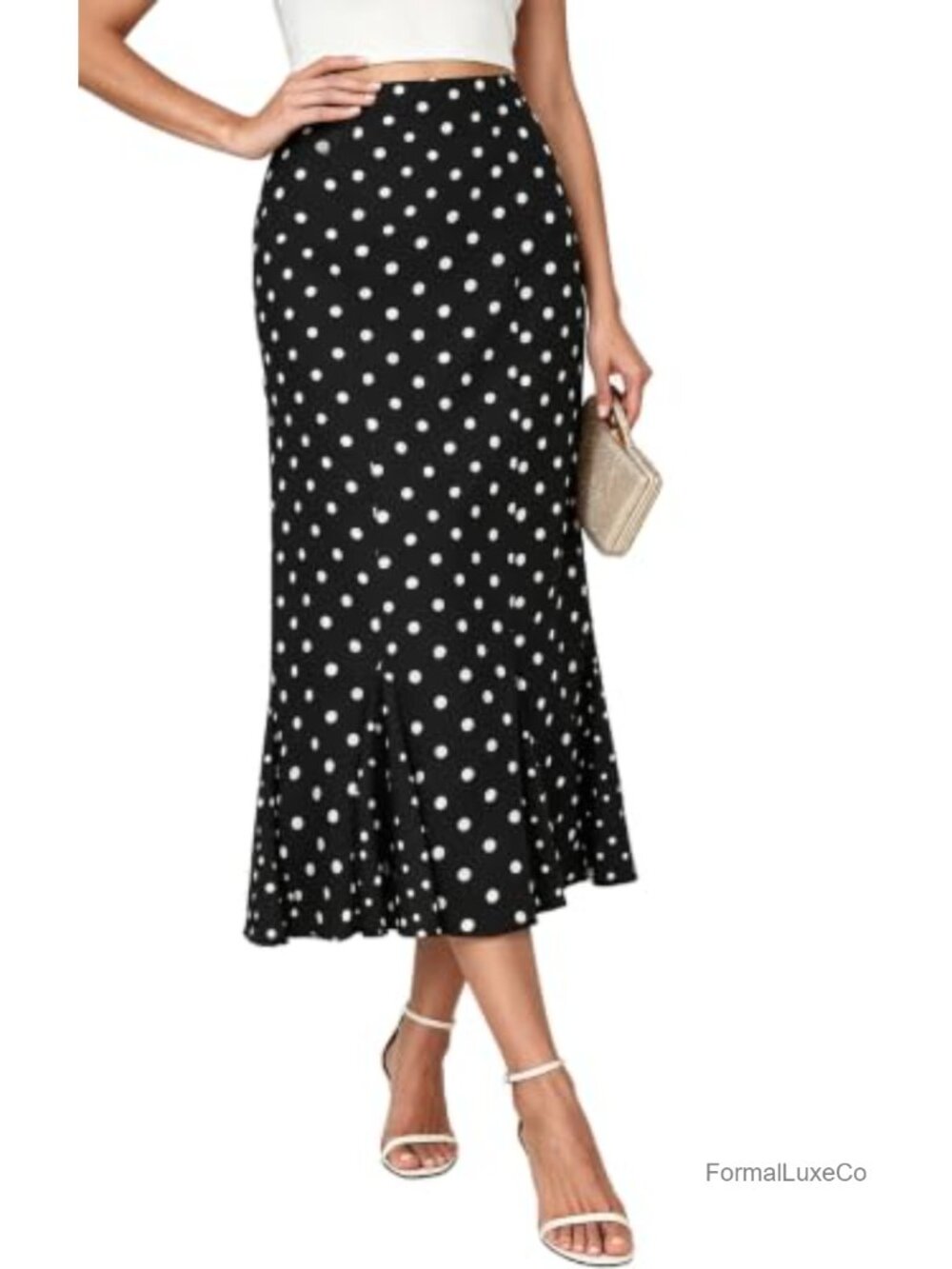 Polka Dot Satin Midi Skirt Flared Fishtail Mermaid Ruffle Hem